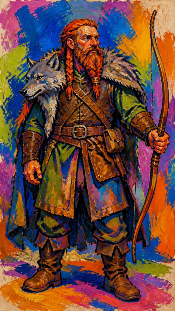 full-body original character: a dwarven ranger with a braided auburn beard, worn leather armor, a longbow and a wolf-pelt cloak, neutral background, no text