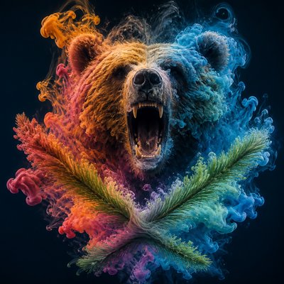 a roaring bear head above crossed pine branches, bold graphic composition on a plain background, no text