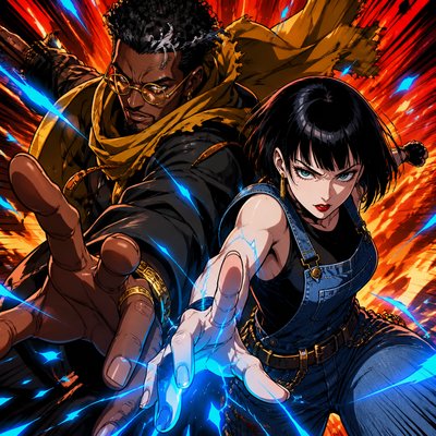 two original characters side by side: a tall dark-skinned man with round gold glasses, gray-flecked short hair and a mustard scarf, and a pale woman with a sleek black bob, red lipstick and denim overalls