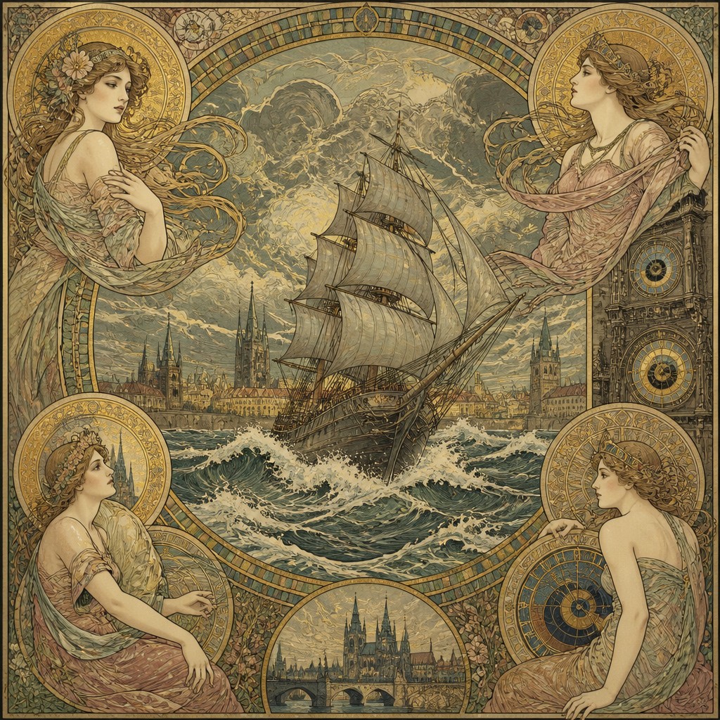 sailing ship on a stormy sea — Czech Art Style