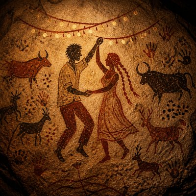 an original couple dancing under string lights in a garden at dusk: a man with short black hair in a linen shirt and a woman with braided red hair in a summer dress