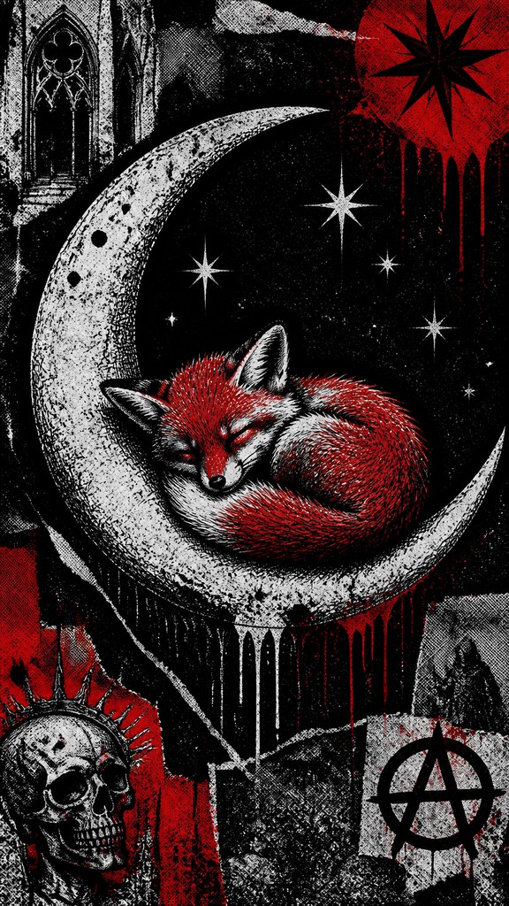 a sleeping baby fox curled on a crescent moon among soft stars, gentle and warm, no text