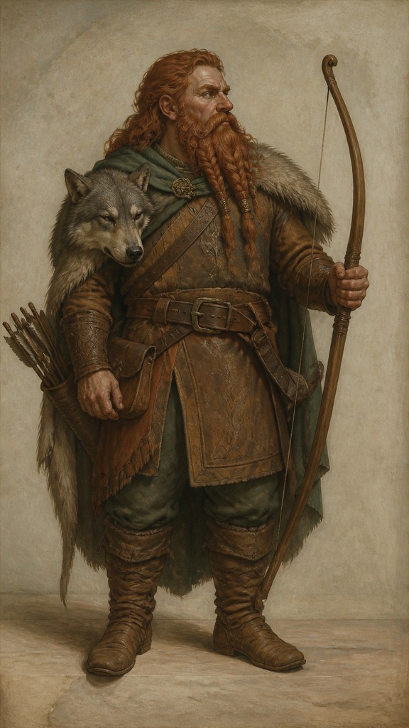 full-body original character: a dwarven ranger with a braided auburn beard, worn leather armor, a longbow and a wolf-pelt cloak, neutral background, no text