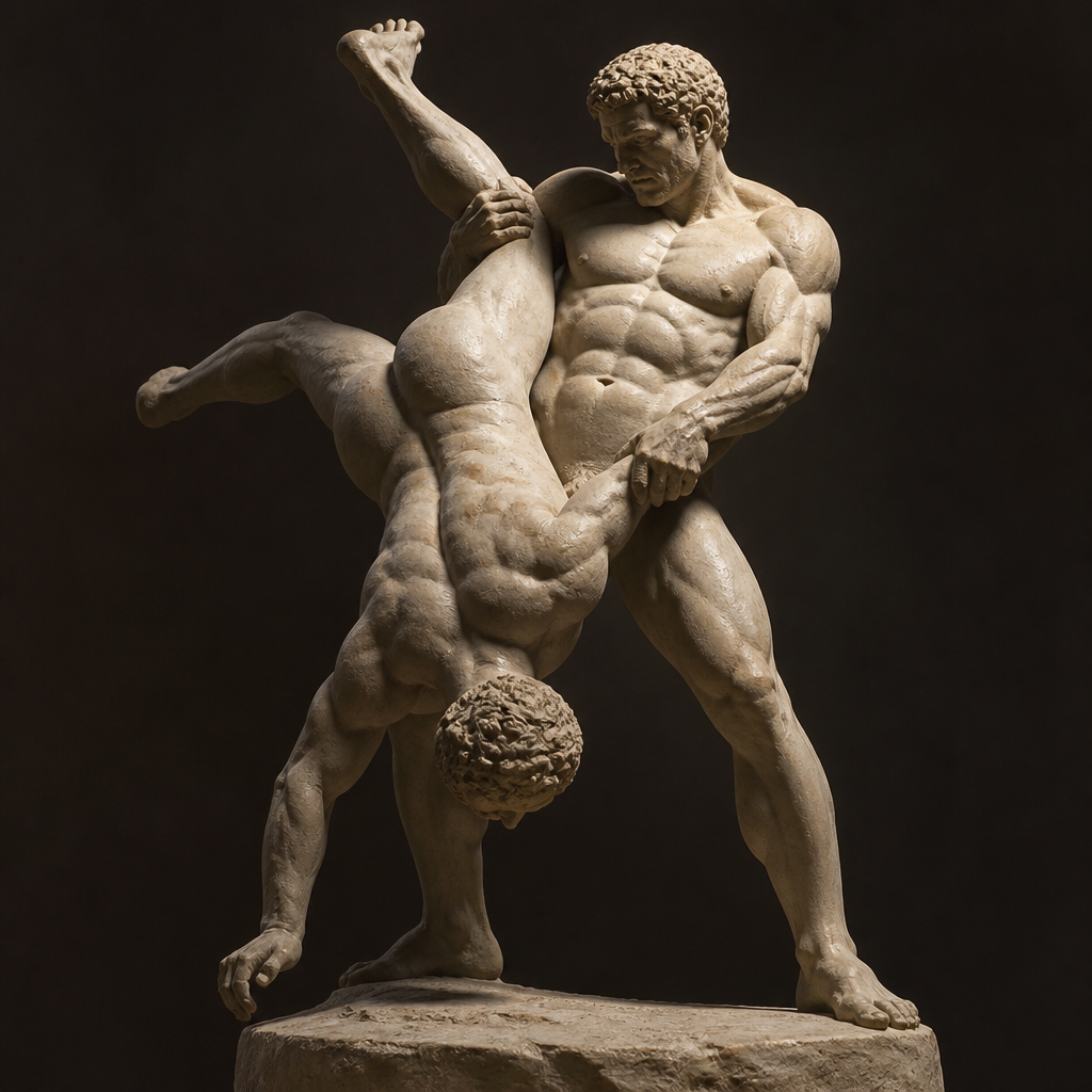 ancient greek athlete dangling another athlete upside down