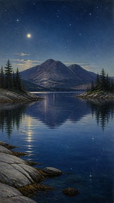 a tranquil mountain lake beneath a starry night sky, no people, no text