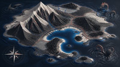 a map of an island realm with mountains, forests, a sheltered bay, sea monsters in the water and a compass rose, no text labels