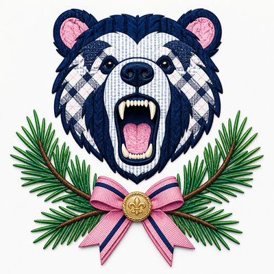 a roaring bear head above crossed pine branches, bold graphic composition on a plain background, no text