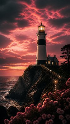 a lone lighthouse on a cliff at dusk under a dramatic sky, no text or lettering