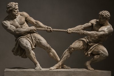 two ancient greek athletes pulling a rope