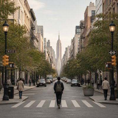 urban street with city activity — Perfect Balance Art Style