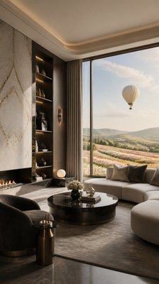 a hot air balloon drifting over rolling flower fields on a sunny day, cheerful, no text