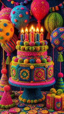 a birthday cake with lit candles surrounded by balloons and confetti, festive vertical composition, no text