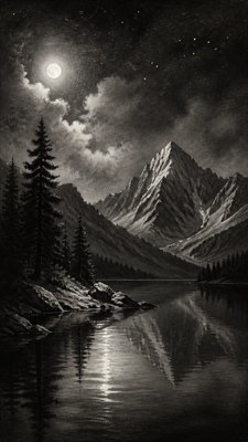 a tranquil mountain lake beneath a starry night sky, no people, no text