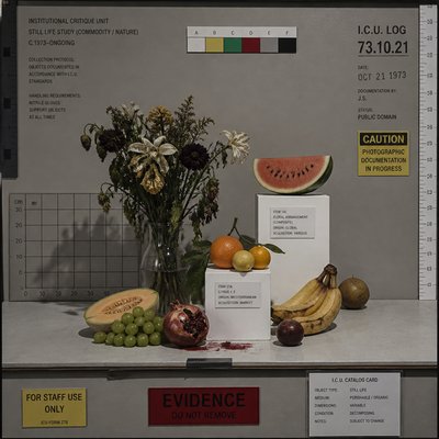 still life arrangement of fruits and flowers