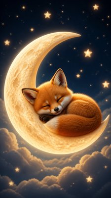 a sleeping baby fox curled on a crescent moon among soft stars, gentle and warm, no text