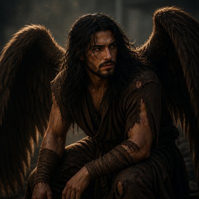 Fais moi un dieu cheveux noir long et fort avec une barbe il a des ailes immenses en poiles marron foncé et non en plume , il est habillé en marron foncé dés vetement usée comme si il etait blesser ou en fuite
