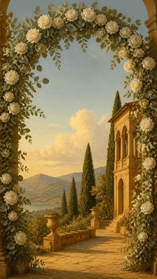 an arch of white roses and eucalyptus in soft morning light, elegant vertical composition with open space, no text