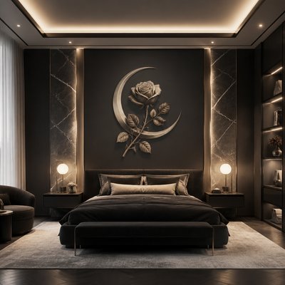 a rose entwined with a crescent moon, clean balanced composition on a plain background, no text