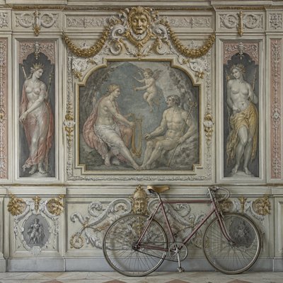 bicyle resting against a wall