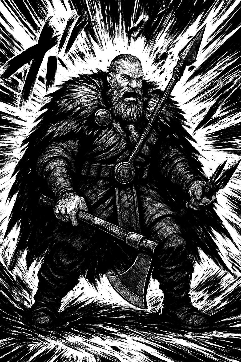a black and white drawing of a man with an axe