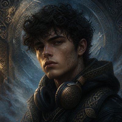 head-and-shoulders portrait of an original character: a young man with curly dark hair and headphones around his neck, plain backdrop, no text