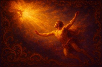 a painting of a man holding a light above his head