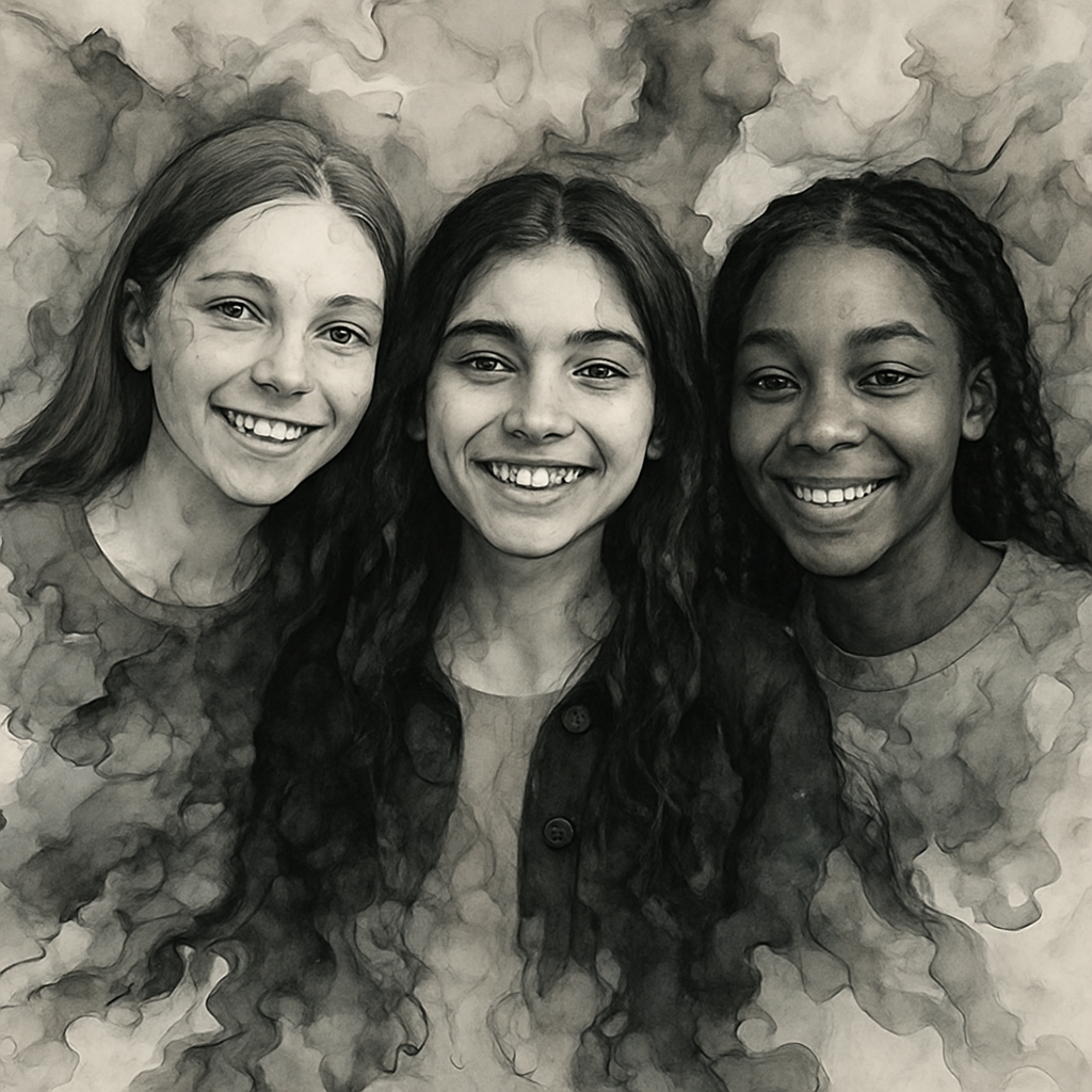 a group of three girls standing next to each other