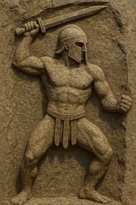 a statue of a spartan holding a sword