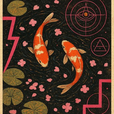 A koi pond seen from above, orange and white koi fish swimming among lily pads, clear water with subtle ripples, fallen cherry blossom petals floating on the surface, dappled sunlight