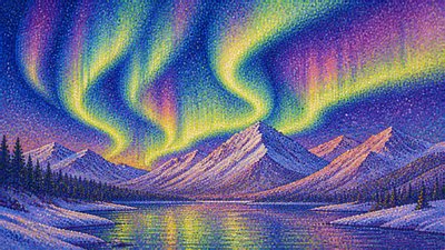 a flowing aurora over snowy peaks, wide sweeping composition, no people, no text