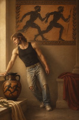 a man leaning against a wall next to a vase