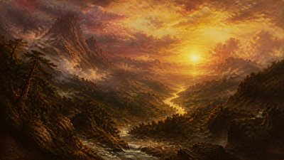 a vast valley with a river winding toward distant mountains at sunrise, no people, no text