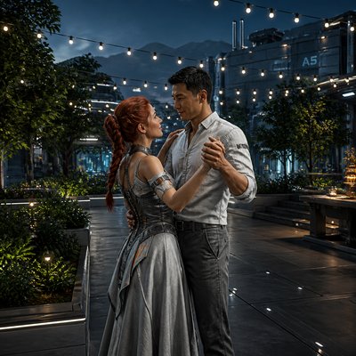 an original couple dancing under string lights in a garden at dusk: a man with short black hair in a linen shirt and a woman with braided red hair in a summer dress