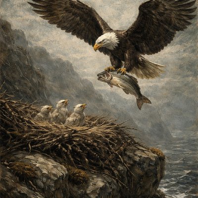 “Doth the eagle mount up at thy command, and make her nest on high? She dwelleth and abideth on the rock, upon the crag of the rock, and the strong place. From thence she seeketh the prey, and her eyes behold afar off.” (Job 39:27-29, KJV) Focus on the eagle mounting up from the nest returning to her young with a large fish in her talons.
