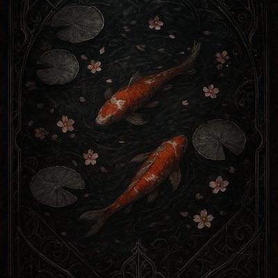 A koi pond seen from above, orange and white koi fish swimming among lily pads, clear water with subtle ripples, fallen cherry blossom petals floating on the surface, dappled sunlight