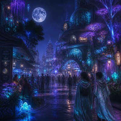 urban street with city activity — Lunarpunk Aesthetic