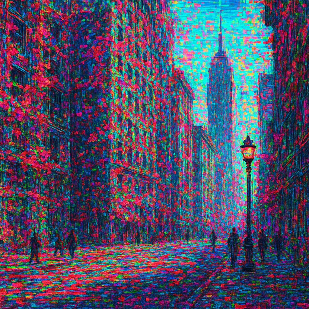 a painting of people walking down a city street