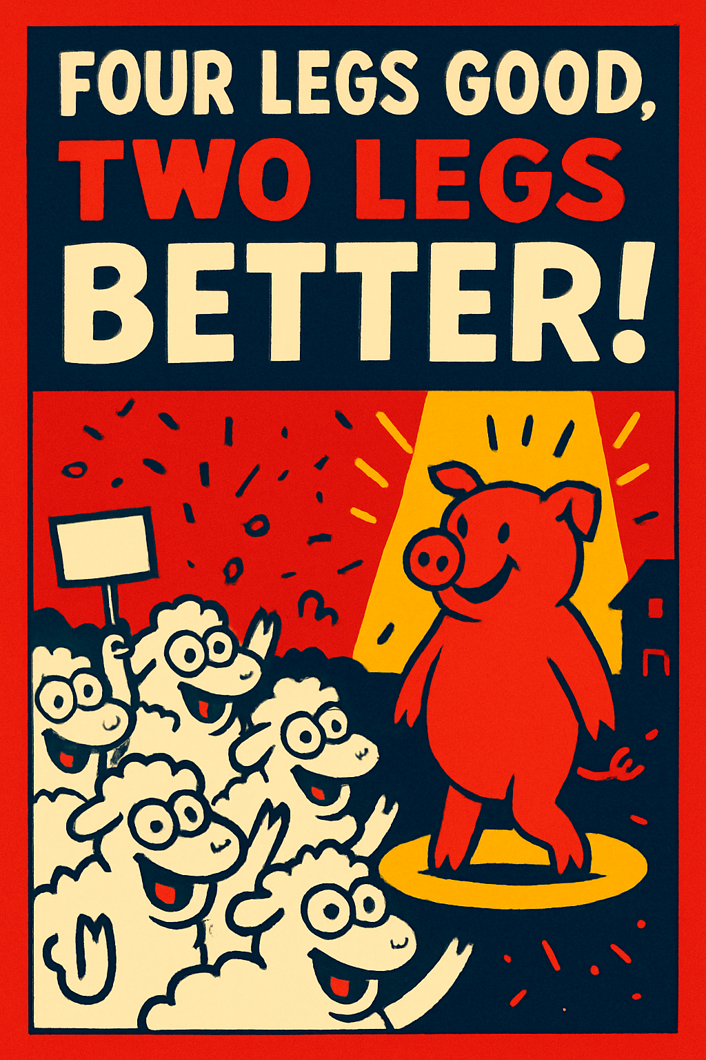 A simple cartoon-style propaganda poster drawn with bold, thick marker lines. Use a limited color palette of bright red, dark navy blue, white, and small black outlines. At the top, include a cool, bold propaganda-style font that looks hand-drawn with marker, saying: “FOUR LEGS GOOD, TWO LEGS BETTER!” Make the word “BETTER” much larger and more dramatic. In the center, show a group of white sheep with simple cartoon faces, wide excited eyes, and big happy smiles, cheering together. The sheep should look identical and drawn with simple marker outlines. They are looking at a pig who is walking upright on two legs in a bright spotlight. The pig should be glowing or surrounded by simple marker-drawn light rays to show fake admiration. Add confetti, simple celebration lines, and maybe one sheep holding a small sign. The background should use strong blocks of red and navy blue, like a simple propaganda poster. Include very simple outlines of a barn or farmhouse in the background. Overall style: cute cartoon, clean, bold marker strokes, easy shapes, limited colors, and a brainwashed, energetic vibe.

