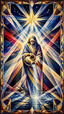 a robed figure pouring water beneath a large eight-pointed star in a night sky, symmetrical composition with an ornate decorative border, no text