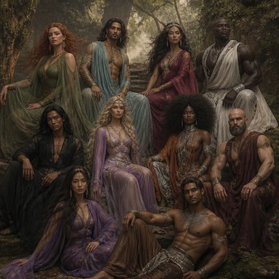 Je veux que tu me fasses des divinités au pluriel, un peu genre ancien très majestueux, mais qu'il soit pas genre vieux genre vers les 40 ans, on commence avec une temme, les cheveux roue, les yeux verts, elle est blanche elle est habillé en voile vert avec des bijoux doré, ensuite un brin, les cheveux un peu noir, genre vraiment mi cour, il a l'air un peu perse iranien, musclé il est habillé en bleu ciel avec un peu de doré. Ensuite tu fais une femme, les cheveux noirs, une robe magenta, bordeaux. Bijoux argenté.
Un autre homme noir hyper grand et muscles genre enorme . Habillé en blanc et argenté. Un autre homme plus maigre habillé en noir il est asiatique tres sombre et enfin une femme rose pourpre ou violet claire qui est blonde et or rose ou argenté.
Une femme noir avec un afro avec plein de bijoux habillé en argenté et orange qu'on va dire terracota . Enfin un homme habillé en rouge sombre. Il est blanc le crane rase et une barbe, il est musclé et sa tenue est sans manche. Et une femme asiatique habillé en violet et un homme qui a l’air américain indien il a les cheveux court et il est habillé en marron beige et argenté il est musclé et sans tee shirt genre juste le pantalon Je veux vraiment qu’ils aient 40 ans et qu’il y ait une Vibe de Dieu ancien. Je veux vraiment que qu’on ait l’impression qu’il se repose genre qu’ils sont posés le vent vers les cheveux comme s’il était dans une bande bizarre, et je veux que les couleurs soient pas très agressives, genre qu’elles soient hyper hyper terne. La soie, un duo des voiles.