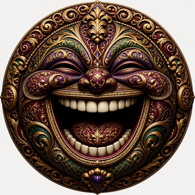 an exaggerated laughing face of an original round mascot character, bold and readable at small size, plain background, no text