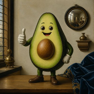 a happy avocado character giving a thumbs up, bold readable design on a plain background, no text