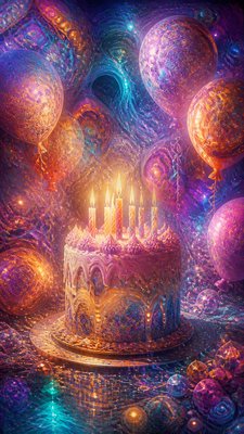 a birthday cake with lit candles surrounded by balloons and confetti, festive vertical composition, no text