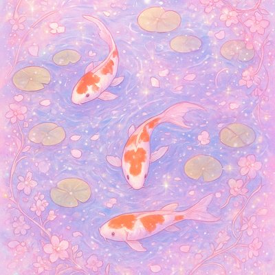 A koi pond seen from above, orange and white koi fish swimming among lily pads, clear water with subtle ripples, fallen cherry blossom petals floating on the surface, dappled sunlight