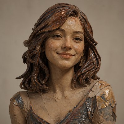 head-and-shoulders portrait of an original character: a young woman with wavy chestnut hair and a warm smile, plain soft backdrop