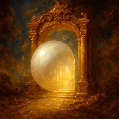 A majestic and awe-inspiring depiction of one of the twelve gates of the New Jerusalem, as described in Revelation 21:21, with an intense emphasis on the pearl. The gate itself is monumental, fashioned entirely from a single, colossal, luminous pearl, radiating an otherworldly, soft, iridescent glow. The pearl's surface exhibits incredible detail, showing subtle layers, mother-of-pearl sheen, and a perfect, smooth, spherical quality even in its flat gate form.

The gate stands open, revealing a glimpse of the glorious city within – a city made of pure gold, as transparent as glass, with streets of pure gold like transparent glass. Brilliant, divine light streams from within the city, casting ethereal glows and soft shadows. The architecture seen beyond the gate is grand and heavenly, hinting at impossible beauty.

The surroundings of the gate are similarly divine but serve to highlight the pearl: perhaps the foundations are adorned with precious stones as described in Revelation 21:19-20, or the approach to the gate is paved with the transparent gold. The sky above is a glorious, clear, and vibrant heavenly blue, possibly hinting at the glory of God. The lighting is transcendent and soft, emphasizing the pearl's luminous quality and its immaculate perfection. The overall mood is one of profound sanctity, overwhelming beauty, divine welcome, and immense glory.