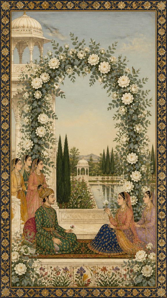 an arch of white roses and eucalyptus in soft morning light, elegant vertical composition with open space, no text