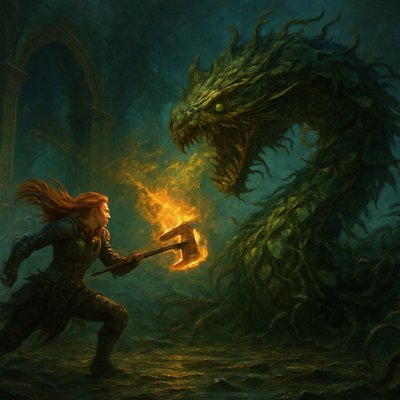 Epic Fantasy Illustration Style, Gritty Cinematic Concept Art, a dynamic, wide-angle action shot of a fierce battle amidst overgrown ancient ruins at twilight. A lady warrior with long red hair clad in practical leather and partial plate armor is in a dynamic combat stance, dodging a massive vine strike. They wield a glowing, enchanted battleaxe that burns with orange fire, striking at the creature. The opponent is a colossal, serpentine Botanical Dragon construct made entirely of writhing, thick poison ivy vines, hairy root systems, and dense clusters of glossy, three-pointed leaves. The "dragon" rears up, its maw a tangled mass of thorns and dripping toxic sap, exhaling clouds of yellowish-green poisonous spores. Its eyes glow with a malevolent verdant light. The ground is treacherous swamp and broken stone. The lighting is dramatic and moody, highlighting the oily sheen of the poisonous leaves and the fire of the warrior's weapon. High detail on the plant textures.
