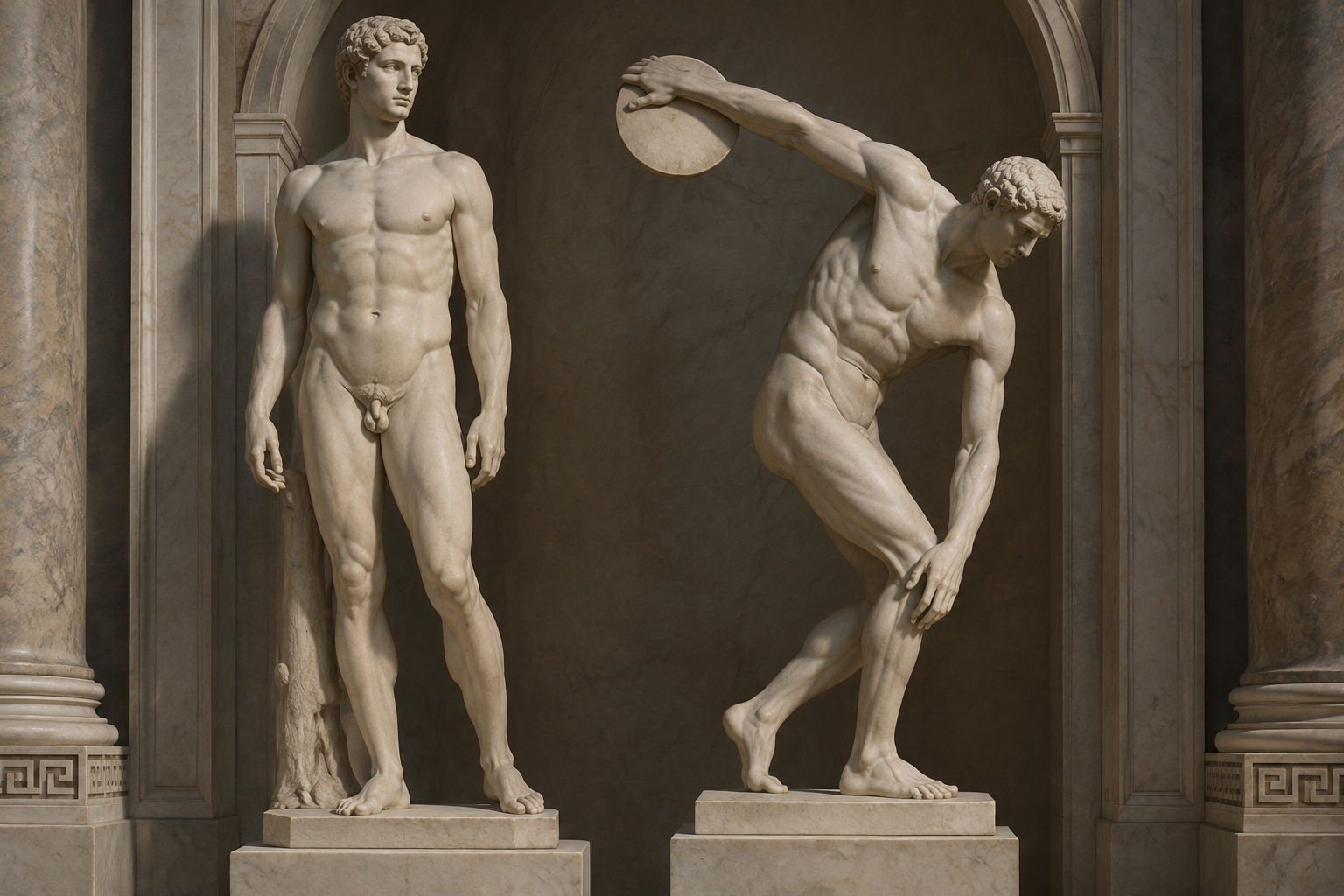 Polyclitus and ancient greek discobulos holding a discus in contrapposto pose