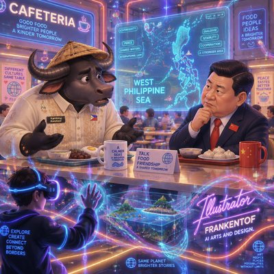 Create a cartoon image of a carabao with a small nameplate pin on his right chest labeled “Kardong Kalabaw,” wearing a barong tagalog and a sadok hat, talking to a chinese politician about west philppine sea inside a cafeteria, Use an Y2K Aesthetic Style, and include a watermark in “Illustrator” calligraphy text style along with the phrases “FRANKENTOF” and “AI ARTS AND DESIGN.”